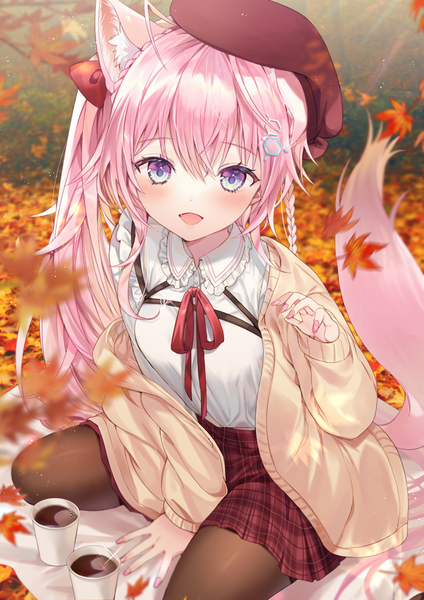 Anime picture 990x1400 with virtual youtuber hololive hakui koyori dabi (dabibubi) single long hair tall image looking at viewer blush open mouth blue eyes animal ears pink hair ahoge outdoors tail nail polish :d animal tail off shoulder