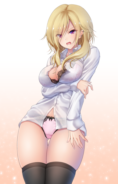 Anime picture 568x880 with original denpa (denpae29) single long hair tall image looking at viewer blush fringe breasts open mouth light erotic simple background blonde hair large breasts standing purple eyes hair over one eye gradient background thigh gap piercing