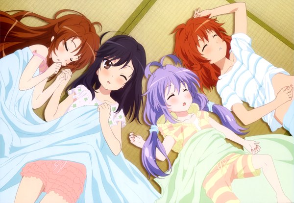 Anime picture 5912x4085 with non non biyori nyantype silver link ichijou hotaru miyauchi renge koshigaya komari koshigaya natsumi long hair blush highres open mouth black hair brown hair purple eyes multiple girls absurdres lying eyes closed one eye closed wink