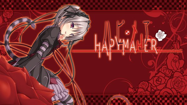 Anime picture 1920x1080 with hapymaher purple software naitou maia koku single highres short hair red eyes wide image animal tail grey hair red background girl dress flower (flowers) ribbon (ribbons) hairband