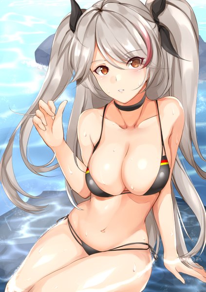 Anime picture 2039x2894 with azur lane prinz eugen (azur lane) prinz eugen (unfading smile) (azur lane) haneramu single long hair tall image looking at viewer blush fringe highres breasts light erotic hair between eyes large breasts sitting bare shoulders payot cleavage bent knee (knees)