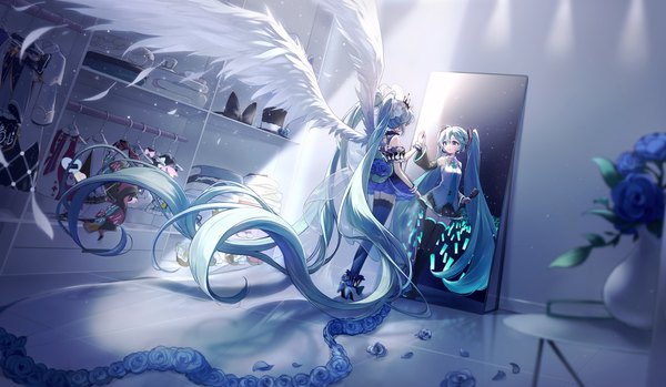 Anime picture 4004x2332 with vocaloid magical mirai (vocaloid) hatsune miku yuki miku yuki miku (2019) yuki miku (2021) nishina hima single highres smile wide image twintails bare shoulders absurdres full body indoors long sleeves very long hair aqua eyes from behind