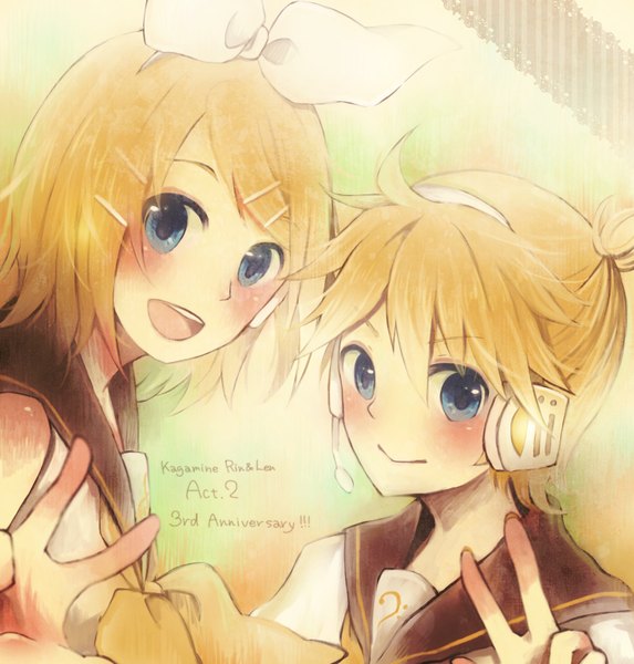 Anime picture 1580x1656 with vocaloid kagamine rin kagamine len chizu (sweet*cheese) tall image looking at viewer blush short hair open mouth blue eyes blonde hair smile inscription victory twins anniversary girl boy bow hair bow