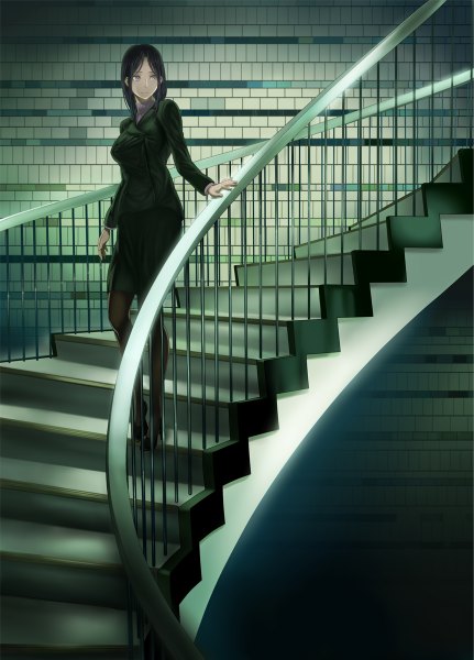 Аниме картинка 862x1200 с белый альбом dara один (одна) длинные волосы высокое изображение смотрит на зрителя чёрные волосы карие глаза девушка юбка колготки костюм лестница