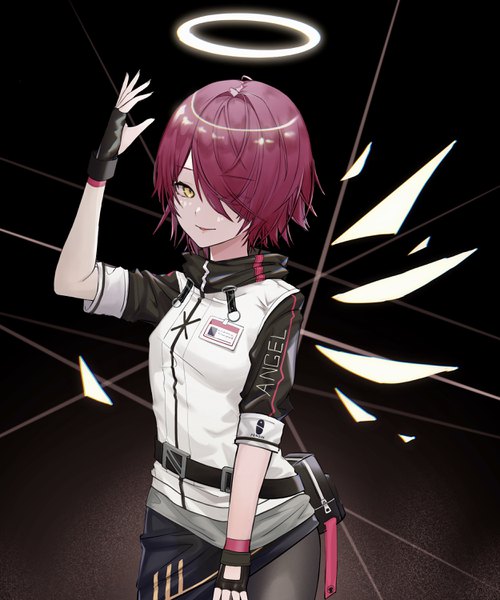 Anime picture 2500x3000 with arknights exusiai (arknights) wakashisumi single tall image looking at viewer fringe highres short hair open mouth simple background smile standing yellow eyes red hair arm up hair over one eye glowing black background clothes writing