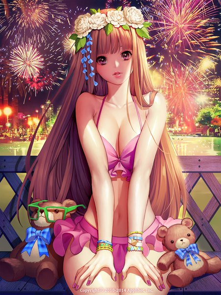 Anime picture 1500x2000 with original soo kyung oh single long hair tall image looking at viewer fringe breasts light erotic brown hair sitting purple eyes bare shoulders outdoors blunt bangs nail polish parted lips hair flower night bare belly