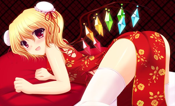 Anime picture 1615x981 with touhou flandre scarlet shimotsuki keisuke single looking at viewer blush short hair open mouth light erotic blonde hair red eyes wide image ass traditional clothes hair bun (hair buns) chinese clothes girl thighhighs white thighhighs wings