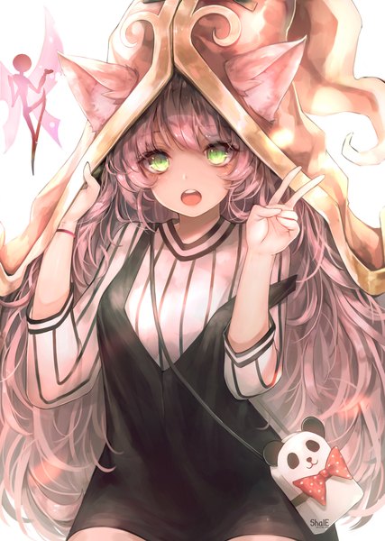 Anime picture 1449x2036 with league of legends lulu (league of legends) shale single long hair tall image looking at viewer blush open mouth simple background white background green eyes signed animal ears pink hair teeth victory striped girl bow