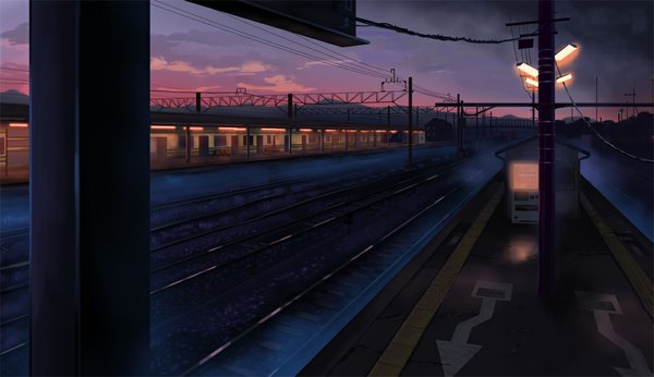 Anime picture 1000x577 with original peko (akibakeisena) wide image sky cloud (clouds) evening no people scenic fog train station