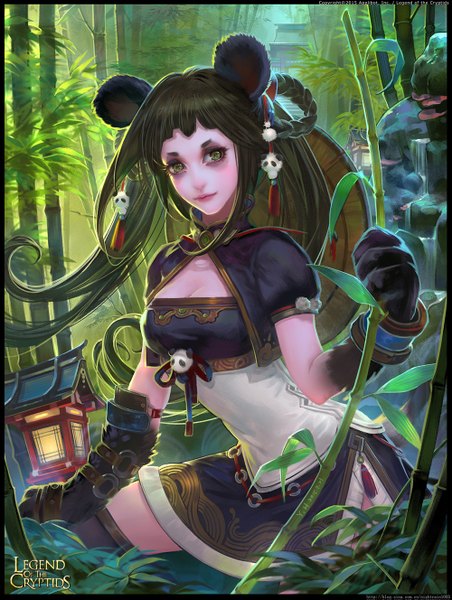 Anime picture 1000x1327 with legend of the cryptids yu-han single long hair tall image looking at viewer green eyes animal ears green hair lips eyeshadow makeup bamboo forest girl gloves plant (plants) tree (trees) forest clothes bamboo