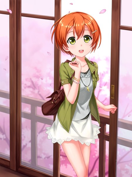Anime picture 1110x1480 with love live! school idol project sunrise (studio) love live! hoshizora rin tucana single tall image blush short hair open mouth smile green eyes orange hair cherry blossoms girl plant (plants) petals tree (trees) hairclip pendant