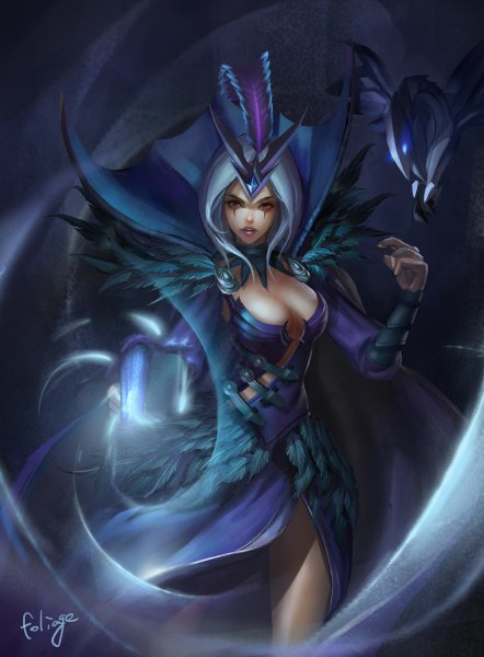 Anime picture 884x1200 with league of legends emilia leblanc foliage (artist) single tall image looking at viewer short hair breasts blue hair pink eyes lips girl dress animal bird (birds) crow