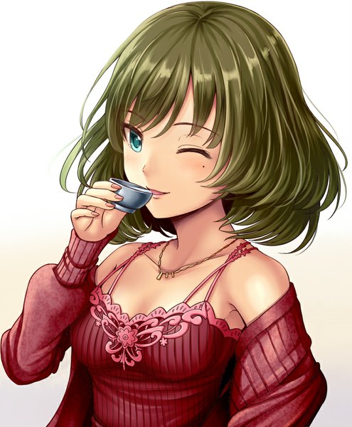 Anime picture 743x900 with idolmaster idolmaster cinderella girls takagaki kaede chiko (kanhogo) single tall image looking at viewer fringe short hair breasts blue eyes simple background smile bare shoulders holding nail polish parted lips one eye closed green hair lips