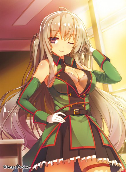 Anime picture 586x800 with ange vierge nya lapucea kanden sky single long hair tall image breasts light erotic large breasts purple eyes ahoge one eye closed grey hair official art hand on hip adjusting hair girl gloves uniform detached sleeves
