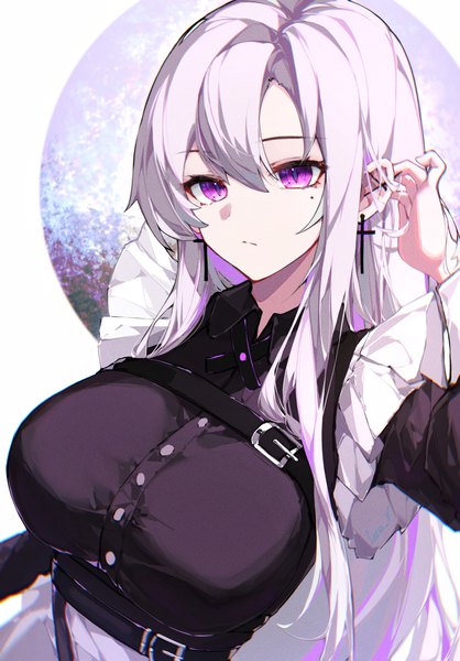 Anime picture 2442x3508 with original leria v single long hair tall image fringe highres breasts simple background hair between eyes large breasts standing looking away silver hair upper body pink eyes arm up mole maid mole under eye