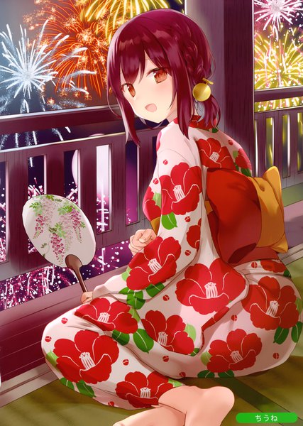 Anime picture 2105x2958 with melonbooks chiune (yachi) single tall image looking at viewer fringe highres short hair red eyes sitting signed red hair braid (braids) traditional clothes japanese clothes scan floral print yokozuwari fireworks girl