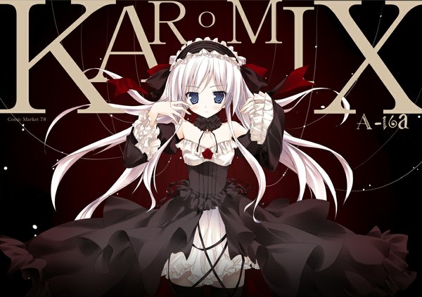 Anime picture 1000x705 with original karory single long hair looking at viewer blue eyes white hair zettai ryouiki girl thighhighs dress black thighhighs detached sleeves frills hairband