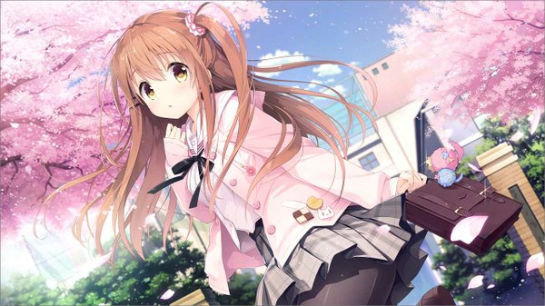 Anime picture 1282x722 with koi kakeru shin-ai kanojo us:track (studio) himeno sena kimishima ao single long hair looking at viewer fringe brown hair wide image holding yellow eyes sky cloud (clouds) parted lips pleated skirt wind :o one side up cherry blossoms