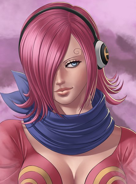 Anime picture 692x935 with one piece toei animation vinsmoke reiju gustavo garcia single tall image fringe short hair breasts blue eyes simple background large breasts looking away pink hair cleavage upper body head tilt light smile lips hair over one eye