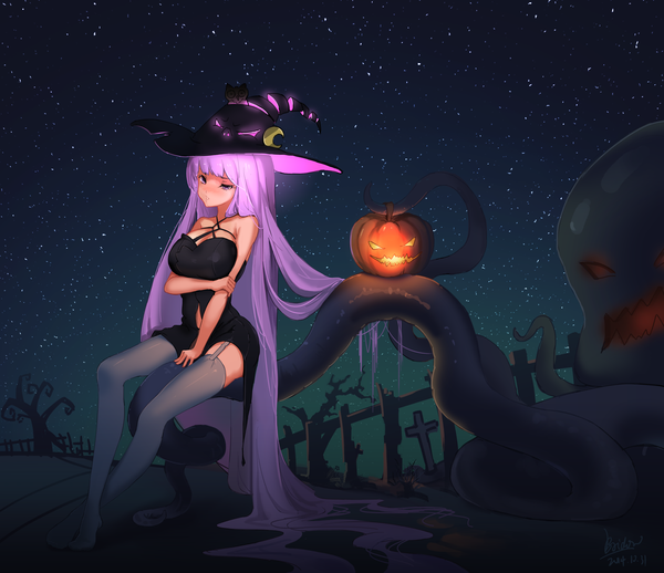 Anime picture 3136x2712 with touhou patchouli knowledge bridow single blush fringe highres breasts large breasts sitting signed absurdres purple hair very long hair night alternate costume night sky sleeveless dated halloween