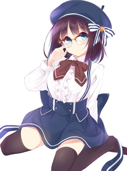 Anime picture 1118x1500 with original animetta single tall image looking at viewer short hair blue eyes black hair simple background white background girl thighhighs dress black thighhighs glasses beret