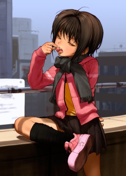 Anime picture 1000x1398 with original rustle single tall image short hair black hair brown eyes eyes closed legs girl skirt miniskirt socks jacket scarf black socks candy