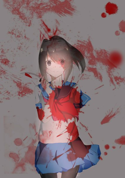 Anime picture 3513x4969 with yandere simulator yandere-chan shangziyxy single tall image looking at viewer fringe highres short hair black hair simple background smile standing holding payot absurdres ponytail wind black eyes grey background
