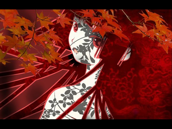 Anime picture 1024x768 with hell girl studio deen enma ai single long hair looking at viewer fringe red eyes upper body blunt bangs tattoo wallpaper letterboxed third-party edit polychromatic girl leaf (leaves) autumn leaves maple leaf