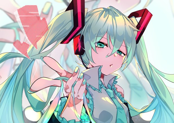Anime picture 1748x1240 with vocaloid hatsune miku yyxw5385 single long hair looking at viewer fringe highres hair between eyes twintails upper body nail polish aqua eyes fingernails aqua hair :o long fingernails zoom layer holding hair aqua nail polish