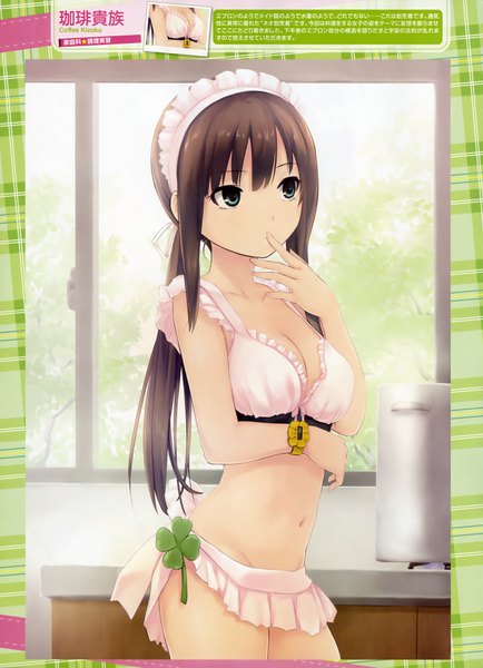 Anime picture 2855x3946 with dengeki moeou coffee-kizoku single long hair tall image fringe highres breasts light erotic hair between eyes brown hair standing twintails bare shoulders green eyes signed payot looking away indoors pleated skirt