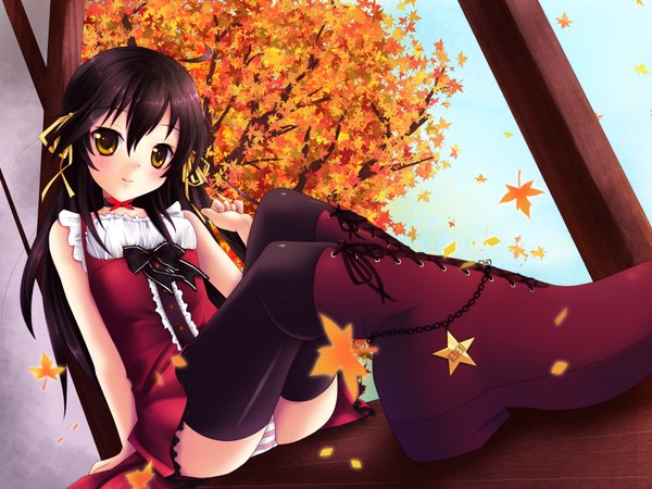 Anime picture 3600x2700 with original 23 (artist) single long hair looking at viewer blush highres light erotic sitting brown eyes absurdres light smile pantyshot sitting girl thighhighs dress bow boots window star (symbol)