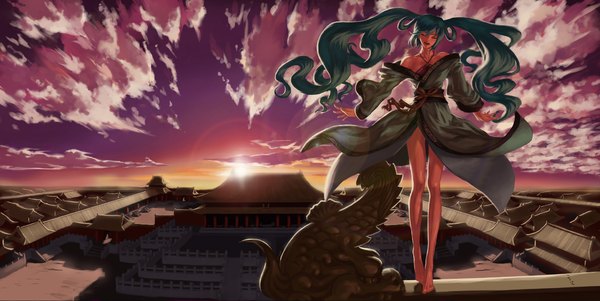 Anime picture 1910x961 with vocaloid hatsune miku feitie (artist) single long hair highres open mouth wide image twintails cloud (clouds) eyes closed sunlight aqua hair legs evening sunset scenic girl