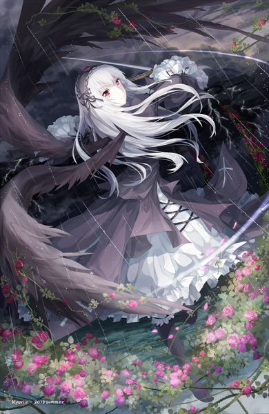 Anime picture 781x1200 with rozen maiden suigintou kyurin (sunnydelight) single long hair tall image red eyes looking away cloud (clouds) white hair rain girl dress flower (flowers) wings rose (roses)