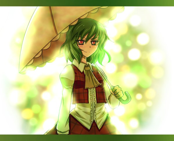 Anime picture 1350x1095 with touhou kazami yuuka pakapom (artist) single short hair red eyes green hair girl dress umbrella