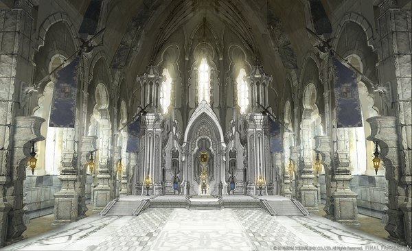 Anime picture 2000x1222 with final fantasy final fantasy xiv square enix pixiv tagme (artist) highres wide image standing sitting sunlight copyright name gothic weapon window lantern stairs huge weapon pillar people column