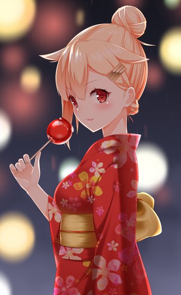 Anime picture 875x1422 with kantai collection yuudachi destroyer yasuto (eria151) single tall image looking at viewer blush fringe short hair open mouth blonde hair smile hair between eyes red eyes holding upper body traditional clothes japanese clothes blurry wide sleeves