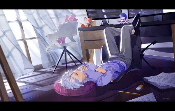 Anime picture 4912x3118 with genshin impact kamisato ayato neirdr296 single long hair highres absurdres silver hair indoors lying eyes closed on back alternate costume letterboxed crossed arms legs up contemporary boy window curtains