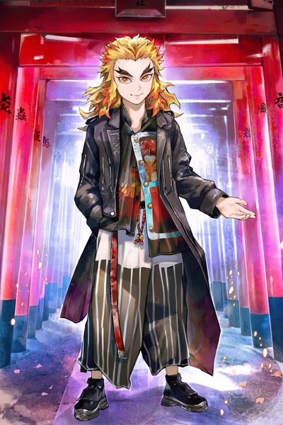 Anime picture 2250x3377 with kimetsu no yaiba ufotable rengoku kyoujurou kyuuba melo single long hair tall image looking at viewer highres blonde hair red eyes full body outdoors open jacket alternate costume outstretched arm eyebrows hand in pocket contemporary fashion