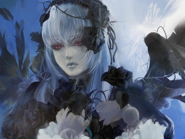 Anime picture 1024x768 with rozen maiden suigintou 8981 long hair purple eyes silver hair realistic flower (flowers) wings hairband rose (roses)