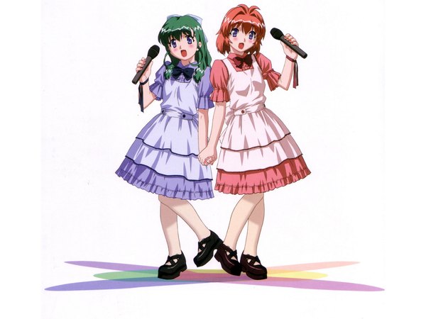 Anime-Bild 2048x1536 mit onegai twins onodera karen miyafuji miina blush fringe highres open mouth blue eyes simple background brown hair multiple girls holding bent knee (knees) green hair lips scan short sleeves holding hands singing girl