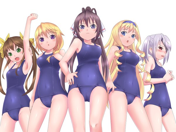 Anime picture 1600x1200 with infinite stratos 8bit charles dunois laura bodewig cecilia orcott shinonono houki fang linyin long hair looking at viewer blush open mouth blue eyes light erotic simple background blonde hair red eyes brown hair white background purple eyes twintails
