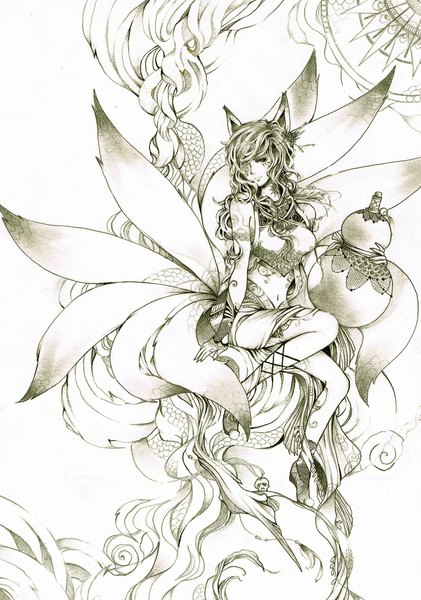 Anime picture 1606x2291 with league of legends ahri (league of legends) long hair tall image animal ears animal tail fox ears monochrome multiple tails girl dress