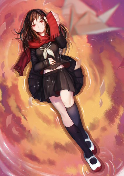Anime picture 1500x2121 with kagerou project shaft (studio) tateyama ayano ji yue single long hair tall image looking at viewer fringe smile red eyes brown hair holding cloud (clouds) lying long sleeves pleated skirt from above reflection girl