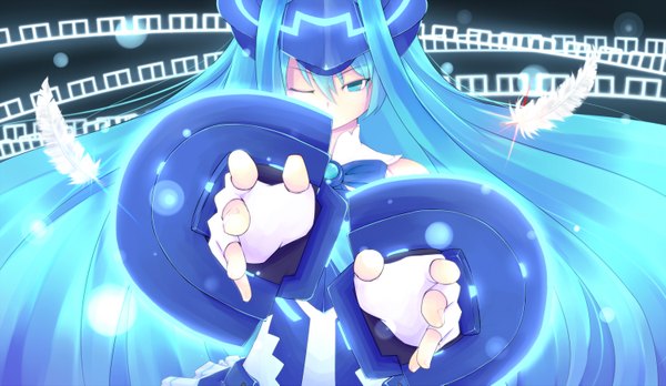Anime picture 1500x871 with vividred operation vividblue single long hair blue eyes wide image blue hair one eye closed wink girl fingerless gloves feather (feathers)