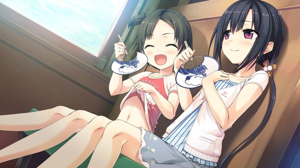 Anime picture 2560x1440 with maitetsu hayase fukami minokasa nagi cura long hair blush fringe highres short hair open mouth black hair smile wide image sitting purple eyes multiple girls payot looking away game cg sky