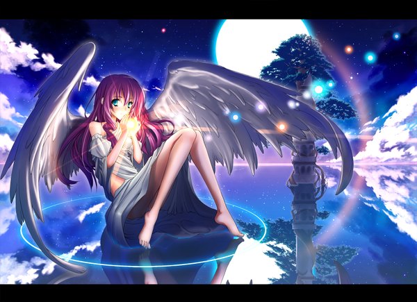 Anime picture 1755x1275 with original sukuna (artist) single long hair looking at viewer blush highres smile sitting bare shoulders holding pink hair sky cloud (clouds) barefoot aqua eyes light smile night night sky light