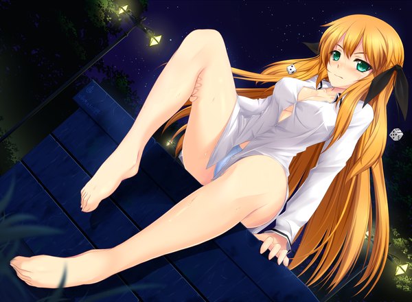 Anime picture 2010x1474 with original kopianget single long hair blush highres light erotic blonde hair smile green eyes bent knee (knees) long sleeves barefoot from below sweat night sky legs girl bow plant (plants)