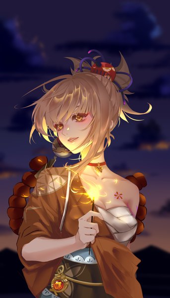 Anime picture 2756x4823 with genshin impact yoimiya (genshin impact) hakuxi single tall image blush fringe highres short hair breasts blonde hair smile standing bare shoulders holding yellow eyes payot looking away cloud (clouds) upper body