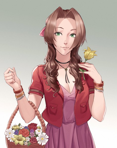 Anime picture 1200x1518 with final fantasy final fantasy vii square enix aerith gainsborough cheshirrr single long hair tall image looking at viewer simple background smile brown hair standing holding green eyes payot cleavage grey background open jacket wavy hair