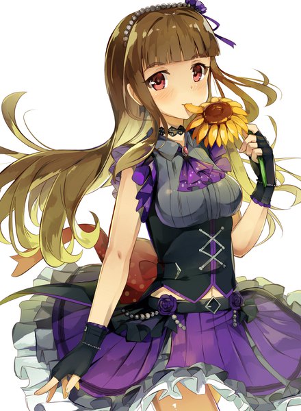 Anime picture 1700x2320 with idolmaster idolmaster cinderella girls kamiya nao seneto single long hair tall image fringe simple background red eyes brown hair white background holding blunt bangs pleated skirt flower in mouth over the rainbow (idolmaster) girl skirt gloves